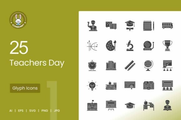 25 Teachers Day Glyph Icons: Graphics for Handmade Education-Themed Crafts