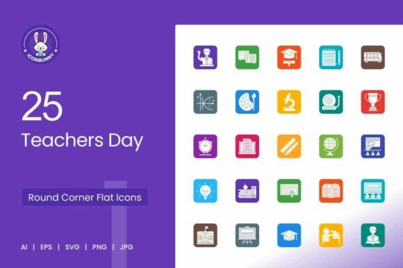 25 Teachers Day Round Corner Flat Icons for Graphics & Merch Design