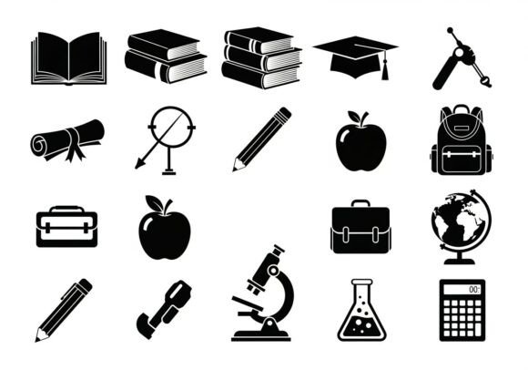 Black and White School Education Symbols Graphics