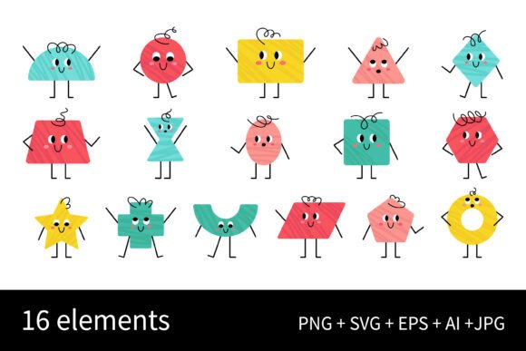Cute Geometric Shapes with Face Set – Playful Graphics for Kid-Friendly Illustrations