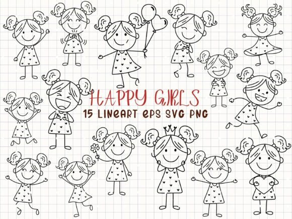 Happy Girls Line Art Graphics & Illustrations Review