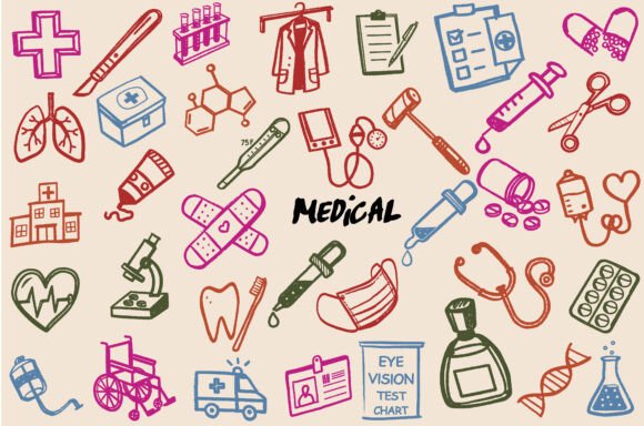 Healthcare Doctor Nurse Doodle Icons SVG Graphics & Illustrations for Real Crafting