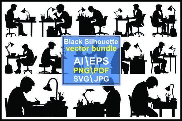 Silhouette Student Writing at Study Desk Graphics for Commercial Illustrations