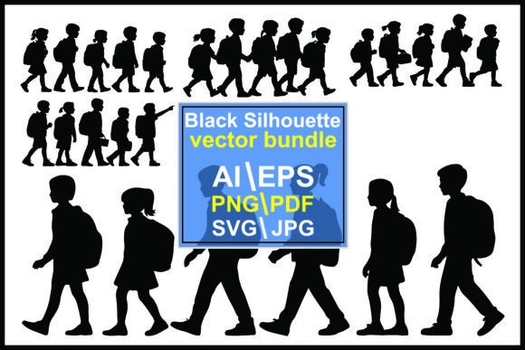 Silhouettes of Children Walking School Graphics & Illustrations