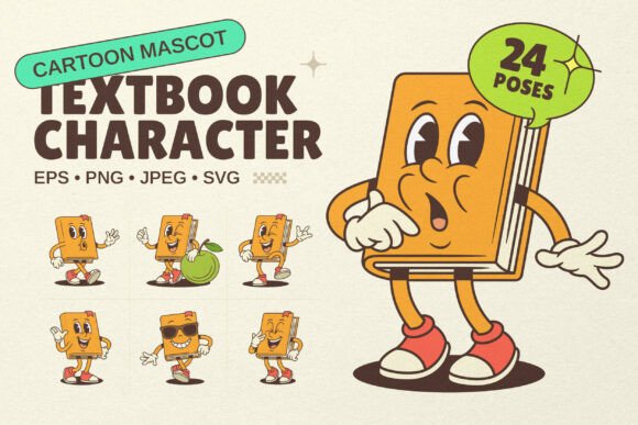 Textbook Cartoon Mascot Character: Retro Illustrations for Educational and Brand Graphics